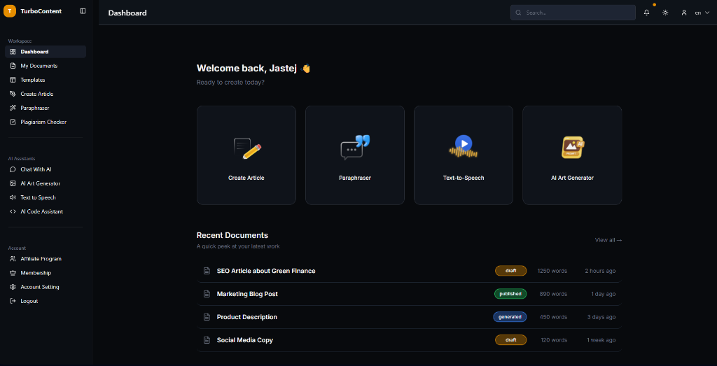 TurboContent dashboard overview